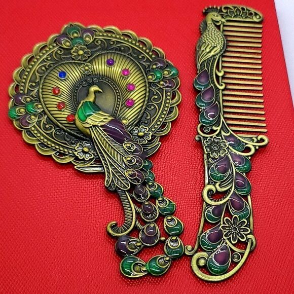 Vintage Peacock Mirror Comb Gift Box Set Antique Gold Rhinestone Regency Vanity main image 4
